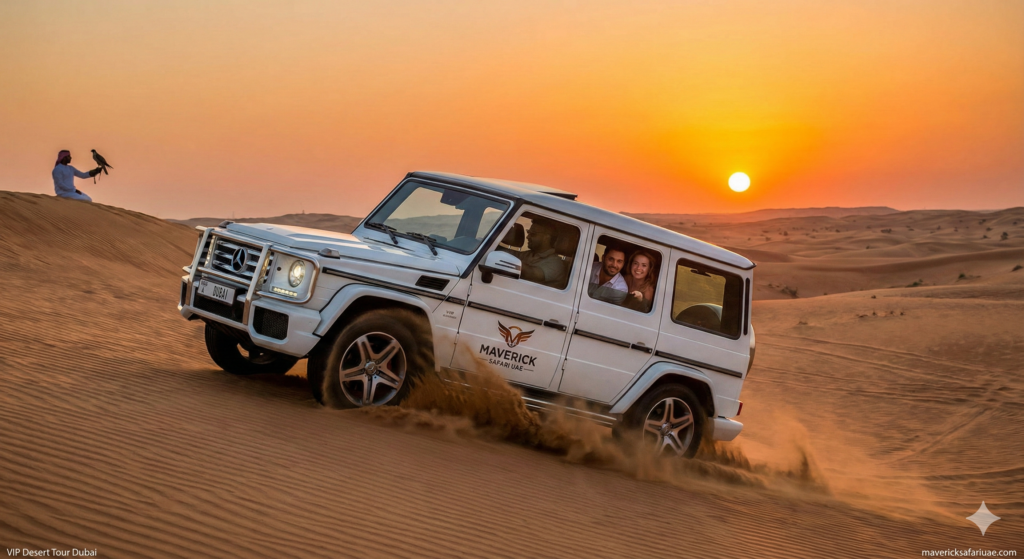 VIP Desert Tour Dubai featuring luxury G-Class dune bashing at sunset with guests enjoying an exclusive private desert safari experience