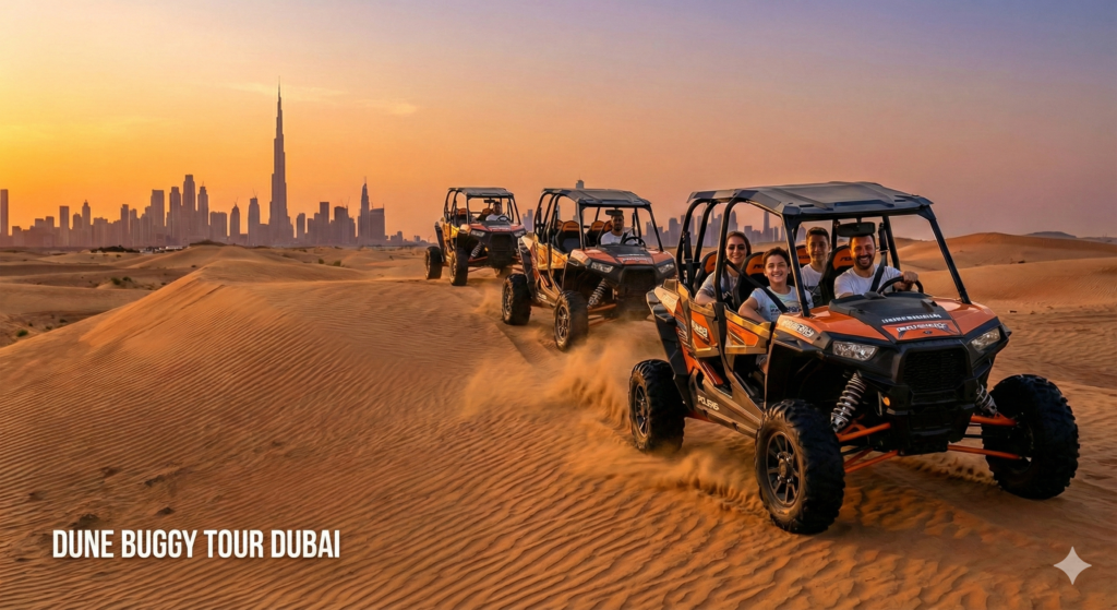 Dune Buggy Tour Dubai with a group of tourists riding powerful dune buggies across golden desert dunes at sunset, enjoying an adventurous off-road experience with the Dubai skyline in the background
