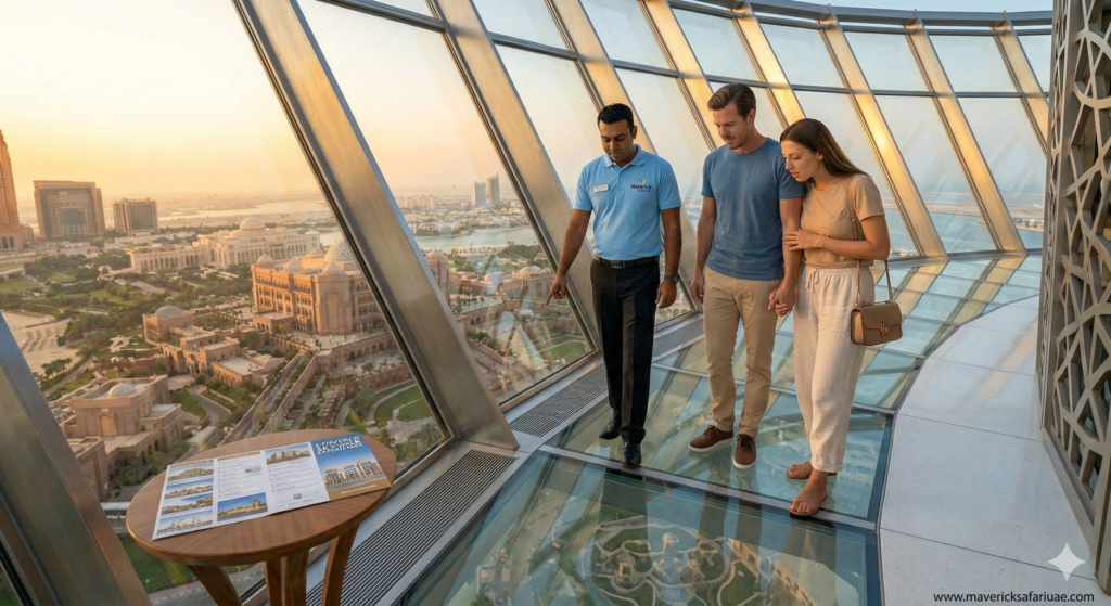Abu Dhabi City Tour Price Tour guide explaining highlights inside Sheikh Zayed Grand Mosque to family during Abu Dhabi City Tour Price package experience
