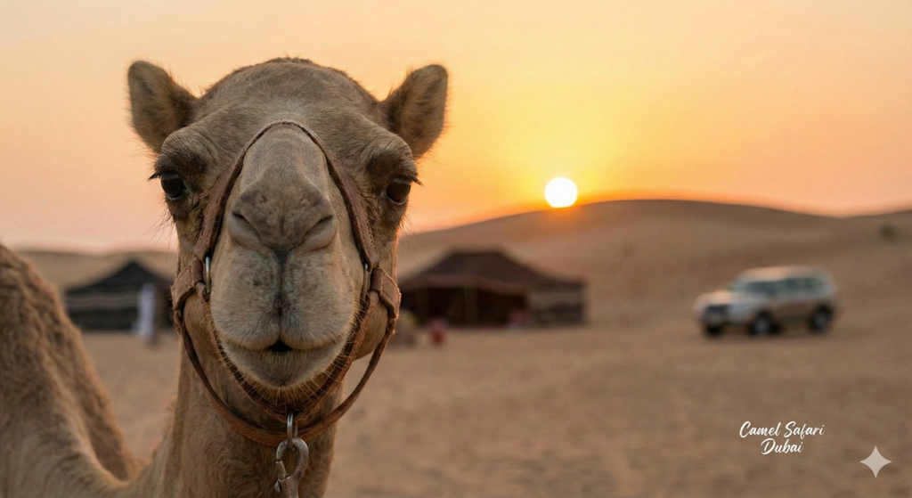 Camel during a Camel Safari Dubai at sunset in the Arabian desert