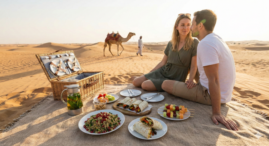 Couple enjoying a romantic Vegetarian Desert Safari Dubai picnic with fresh wraps, quinoa salad, and fruit in golden sand dunes