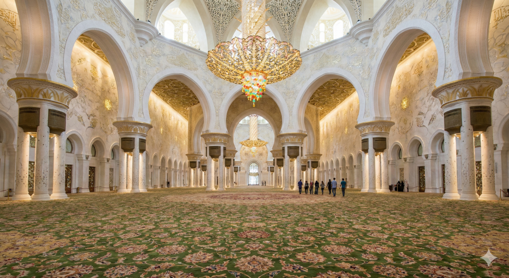 Sheikh Zayed Mosque Tour Interior view of Sheikh Zayed Grand Mosque featuring grand chandeliers, ornate arches and the world’s largest hand-knotted carpet in Abu Dhabi.