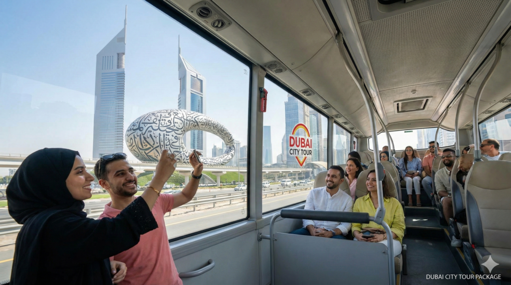 Best Dubai City Tour Tourists enjoying a sightseeing bus ride with views of Museum of the Future and Dubai skyline.