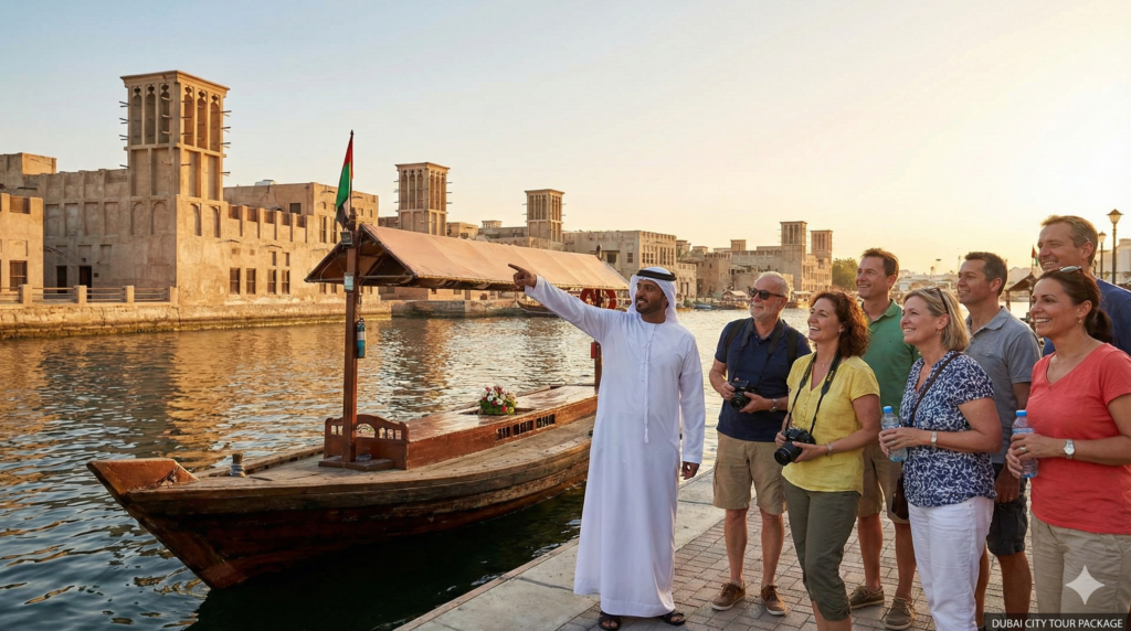 Dubai City Tour Package Dubai City Tour Package Tourists with local guide at Dubai Creek enjoying traditional abra boat and historic Al Fahidi district views at sunset.