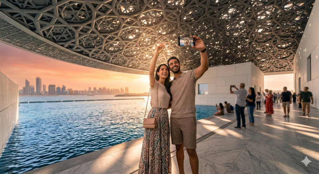 Abu Dhabi Day Trip From Dubaiek Couple taking selfie at Louvre Abu Dhabi during Abu Dhabi Tour From Dubai with sunset skyline views.