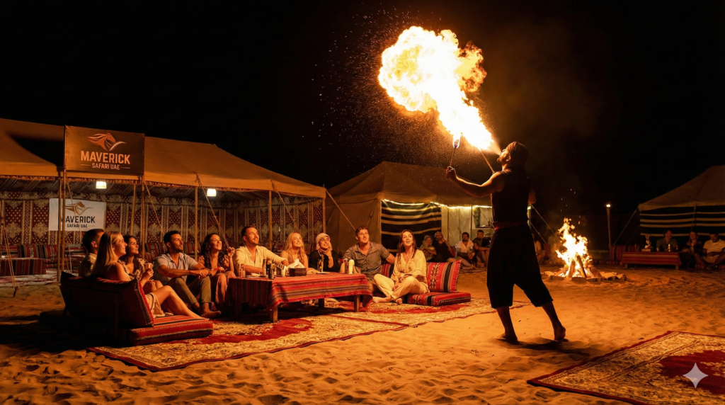Fire Show Desert Safari performance at a luxury desert camp with guests watching a fire breather under the night sky
