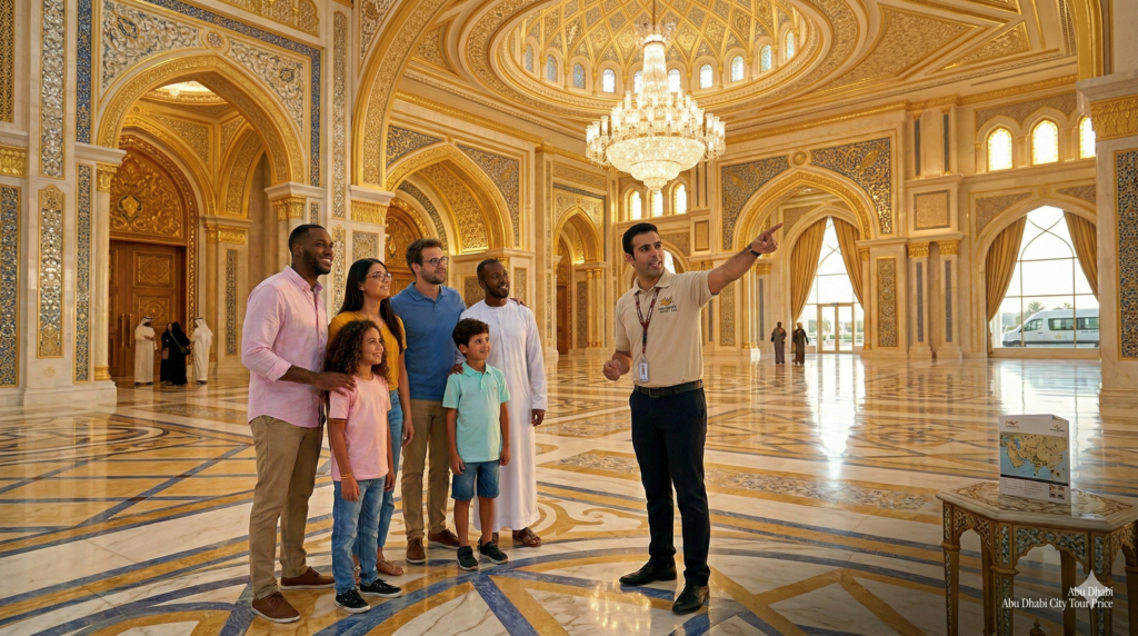 Abu Dhabi City Tour Price Family exploring historic manuscripts and Islamic artifacts inside grand library during Abu Dhabi City Tour Price cultural experience