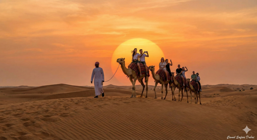 Camel Safari Dubai sunset experience with tourists riding camels across golden sand dunes