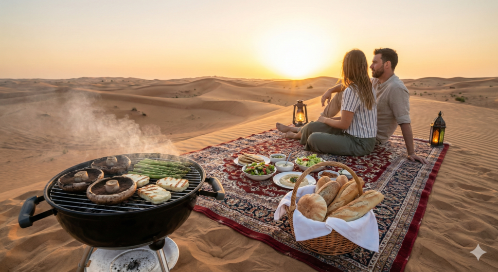 Veg BBQ Desert Safari with couple enjoying grilled vegetables and sunset picnic in Dubai dunes