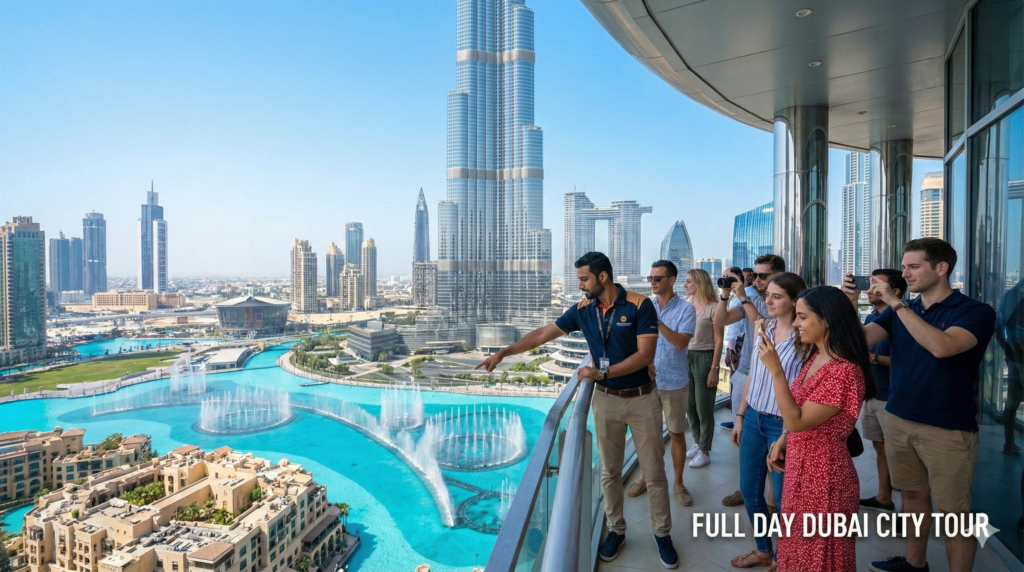 Full Day Dubai City Tour Full Day Dubai City Tour Tourists enjoying Burj Khalifa views and Dubai Fountain from a balcony during a guided city sightseeing experience.