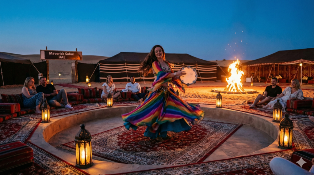 Desert Safari Entertainment with traditional dancer performing at Dubai desert camp under evening sky.