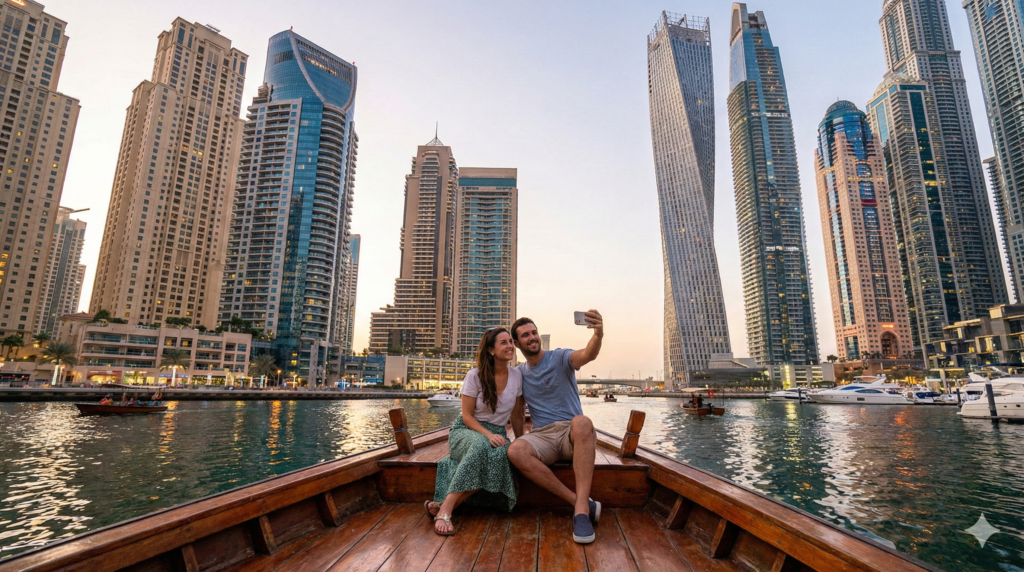 Dubai Sightseeing Tour – Couple taking a selfie on a traditional wooden boat at Dubai Marina with stunning skyscrapers at sunset