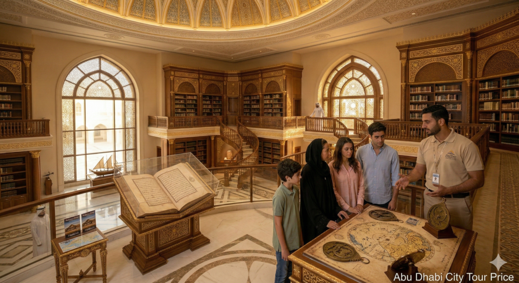 Abu Dhabi City Tour Price Tour guide explaining highlights inside Sheikh Zayed Grand Mosque to family during Abu Dhabi City Tour Price package experience