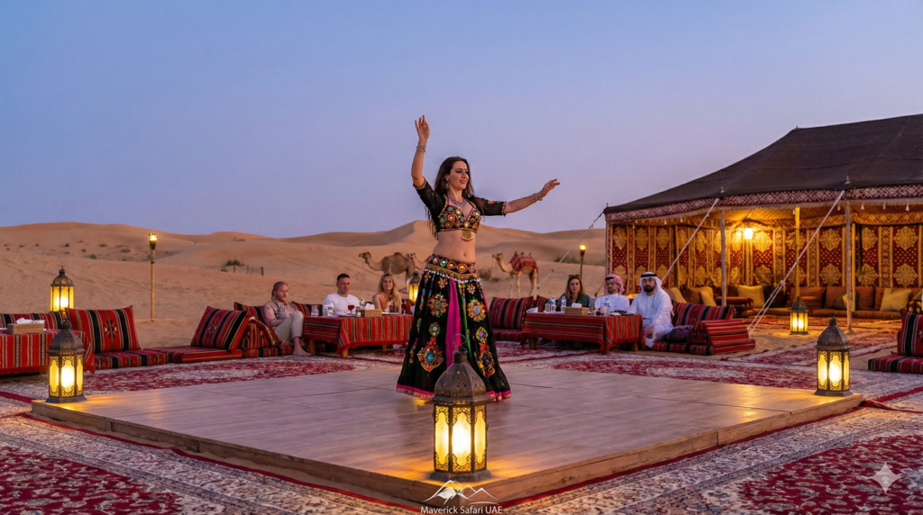 Belly Dance Desert Safari performance with traditional dancer entertaining guests at Dubai desert camp.