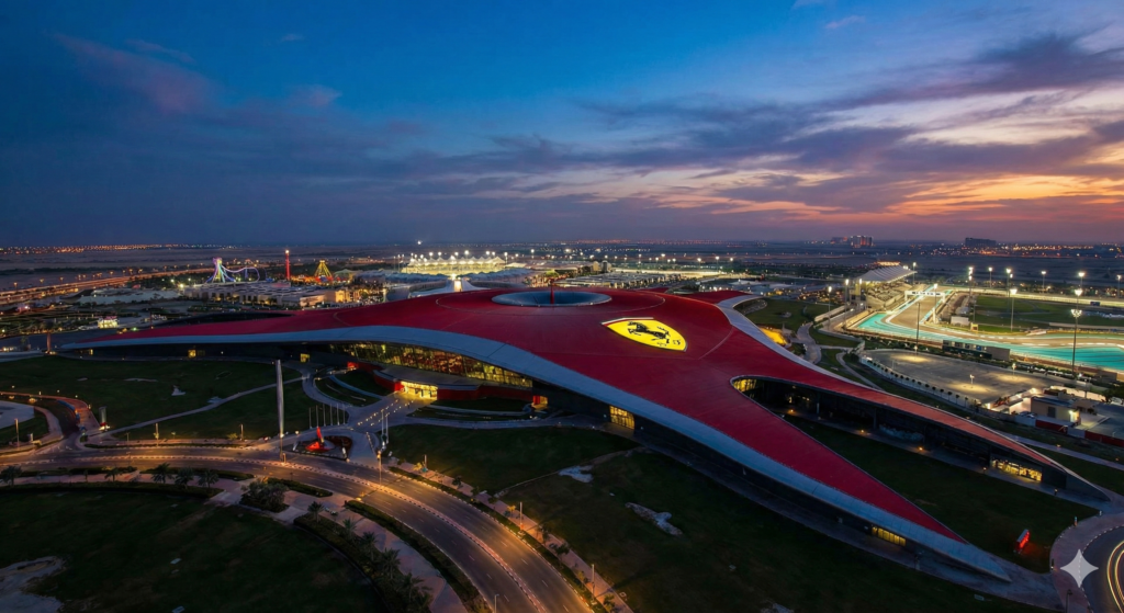 Abu Dhabi Tour Package featuring Ferrari World Abu Dhabi and Yas Marina Circuit at sunset aerial view.