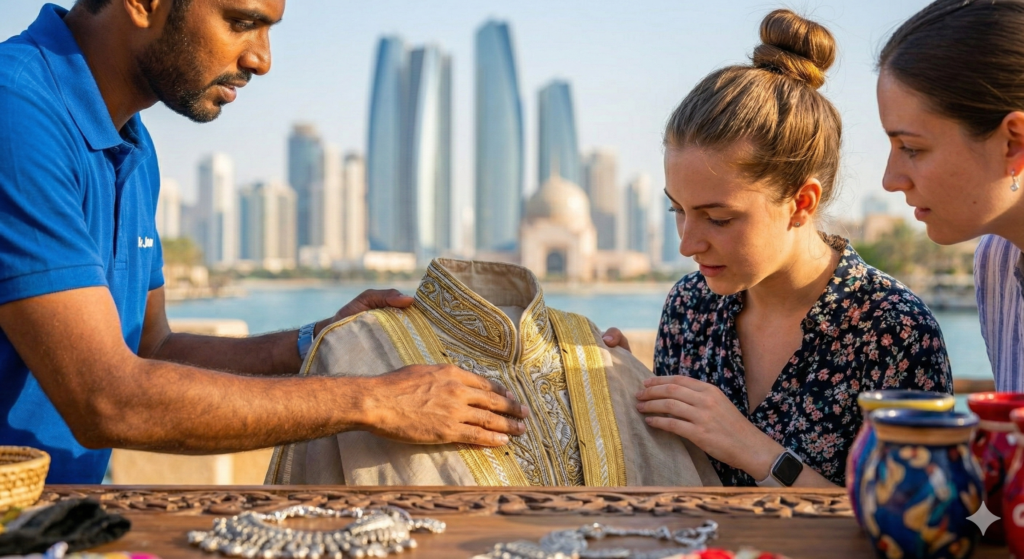 Cheap Abu Dhabi Tour Tourists exploring traditional Emirati clothing at local market during Cheap Abu Dhabi Tour with skyline backdrop.