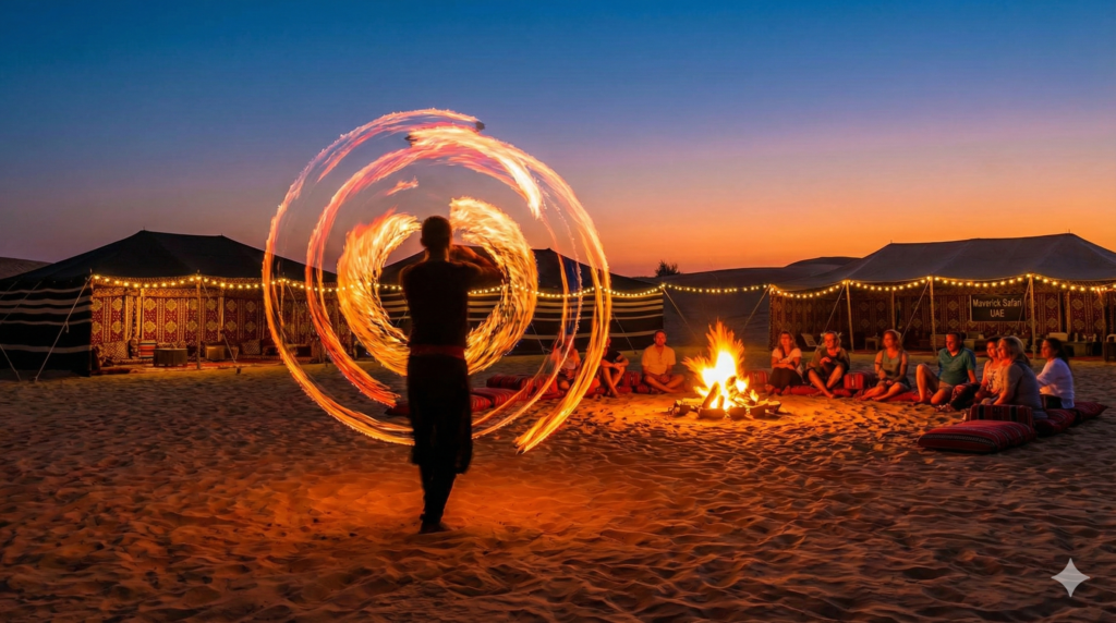 Fire Show Desert Safari performance with fire dancer entertaining guests at Dubai desert camp sunset