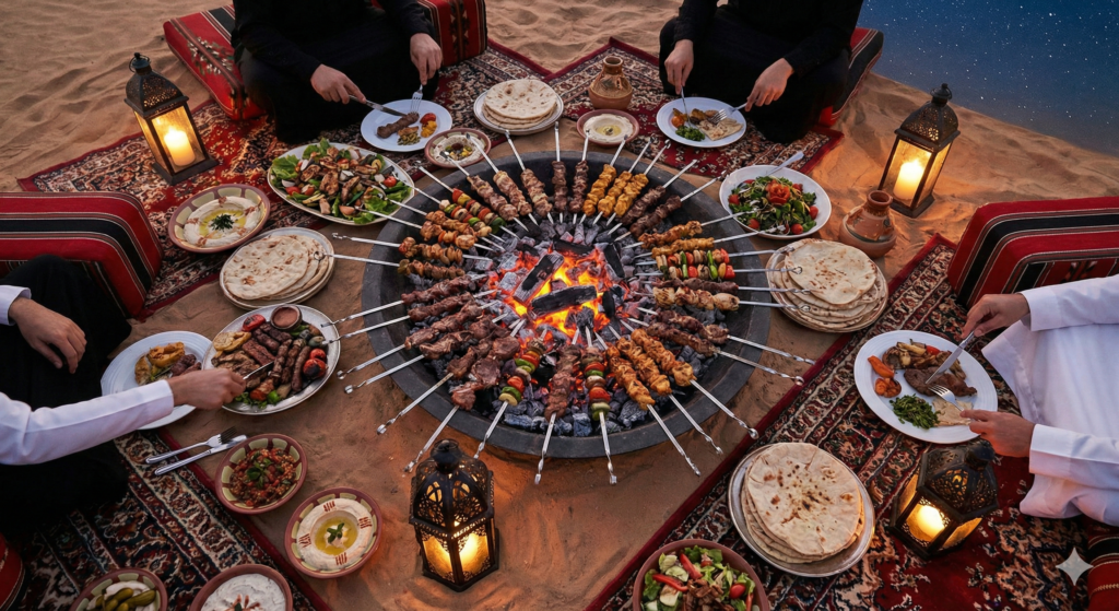 Desert Safari with BBQ Dinner featuring grilled kebabs and traditional Arabian food served in the desert