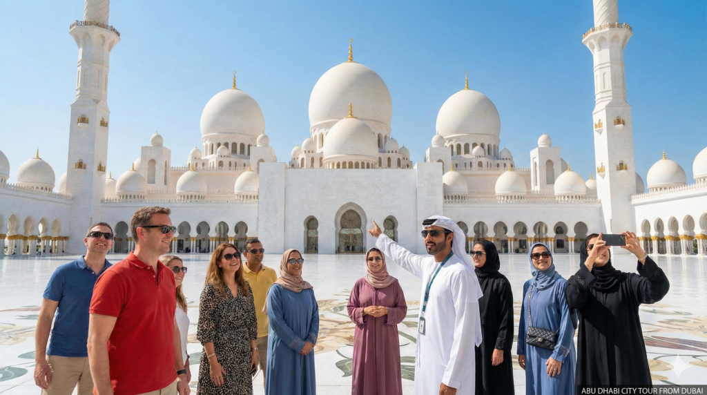 Abu Dhabi City Tour From Dubai Abu Dhabi City Tour From Dubai Visitors exploring Sheikh Zayed Grand Mosque with expert guide during a full-day cultural sightseeing tour from Dubai.