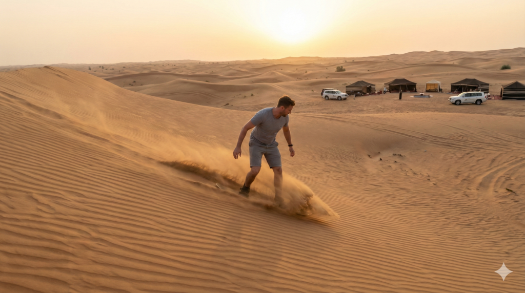Sand Surfing Dubai Adventure traveler enjoying Sand Surfing Dubai while sliding down golden desert dunes at sunset, with traditional desert camps and safari vehicles in the background