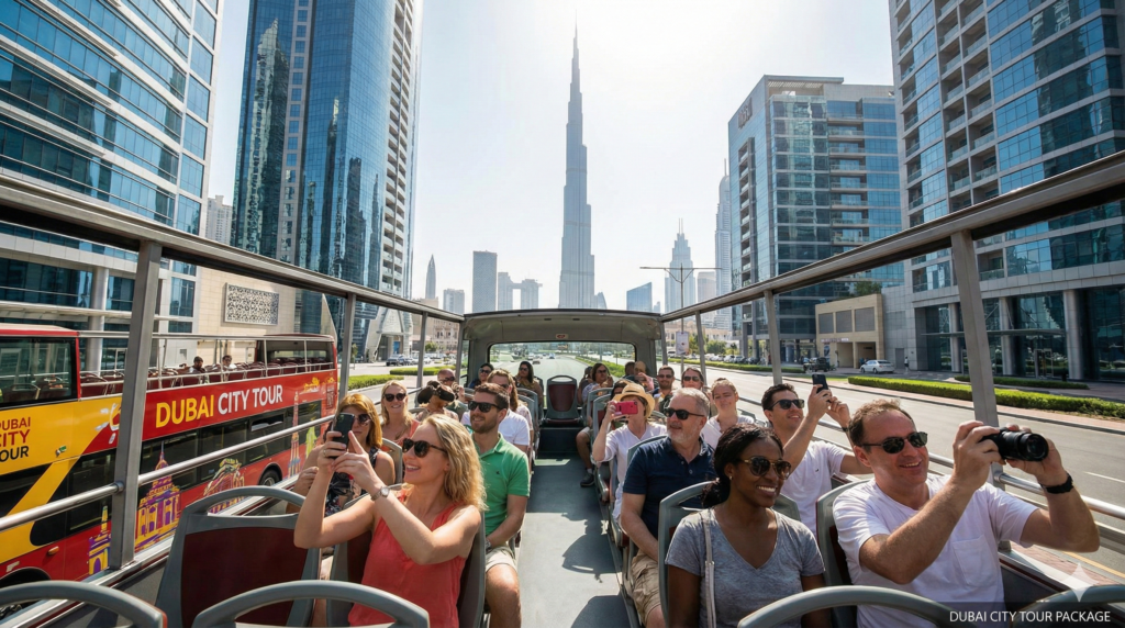 Best Dubai City Tour on an open-top bus with tourists taking photos of Burj Khalifa and Dubai skyline along Sheikh Zayed Road