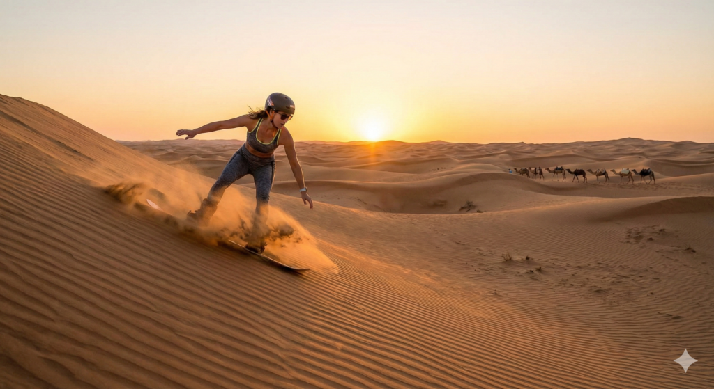Sandboarding Dubai Adventure seeker enjoying Sandboarding Dubai at sunset, carving down golden sand dunes with dramatic sand spray, surrounded by vast Arabian desert landscapes and a camel caravan in the distance