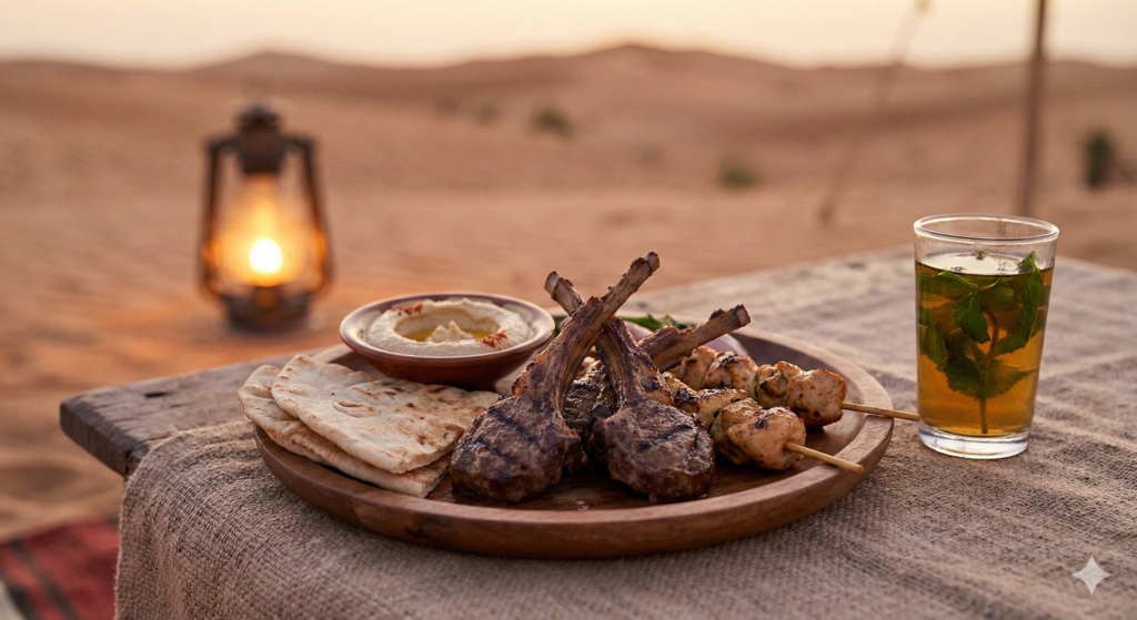 Arabian BBQ Dubai Desert platter with grilled lamb chops, chicken skewers, flatbread, hummus, and mint tea at sunset