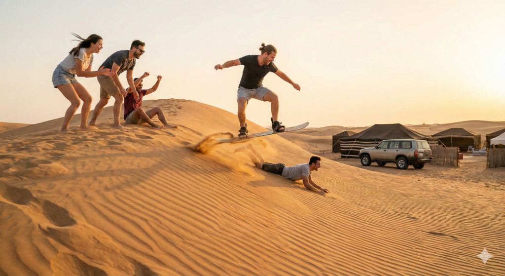 Sandboarding Dubai Friends enjoying Sandboarding Dubai on golden desert dunes, capturing an exciting sandboarding adventure during a desert safari experience
