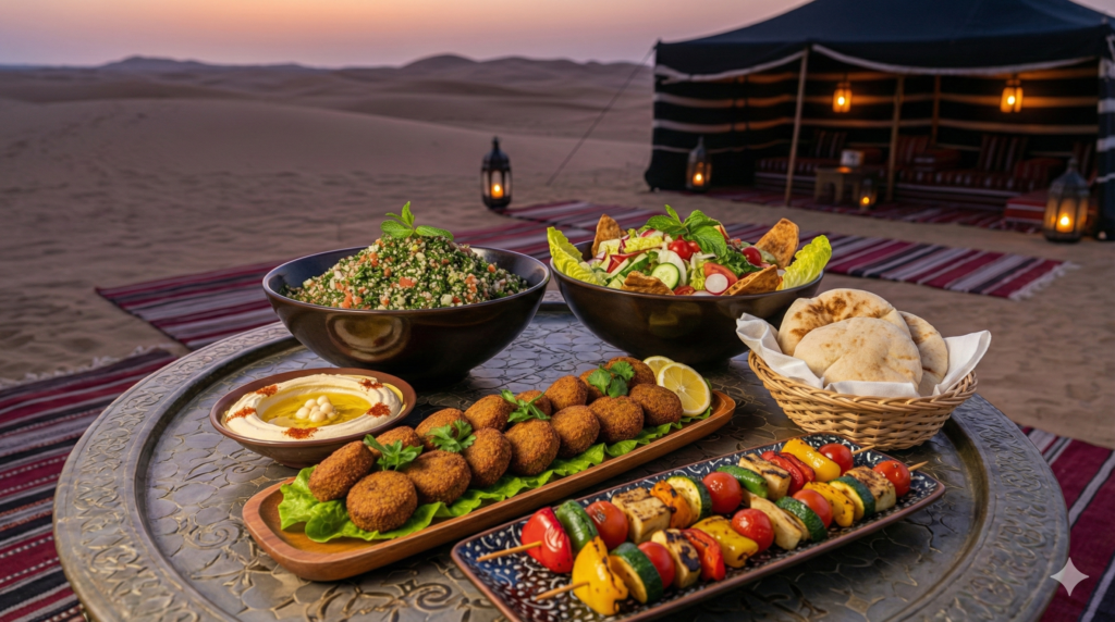 Vegetarian Desert Safari Dubai Vegetarian Desert Safari Dubai feast with falafel, hummus, grilled veggies, and fresh salads served at a luxury desert camp