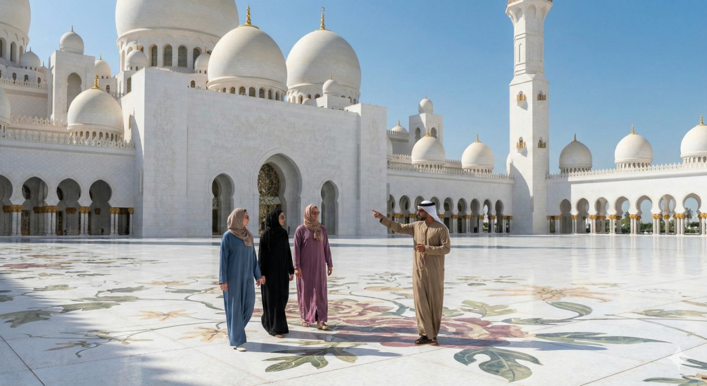 Sheikh Zayed Mosque Tour Visitors exploring Sheikh Zayed Grand Mosque’s white domes and marble courtyard with a professional guide in Abu Dhabi.
