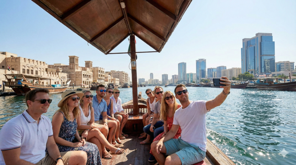 Dubai Sightseeing Tour Dubai Sightseeing Tour – Group of tourists enjoying a traditional abra boat ride on Dubai Creek with city skyline views.