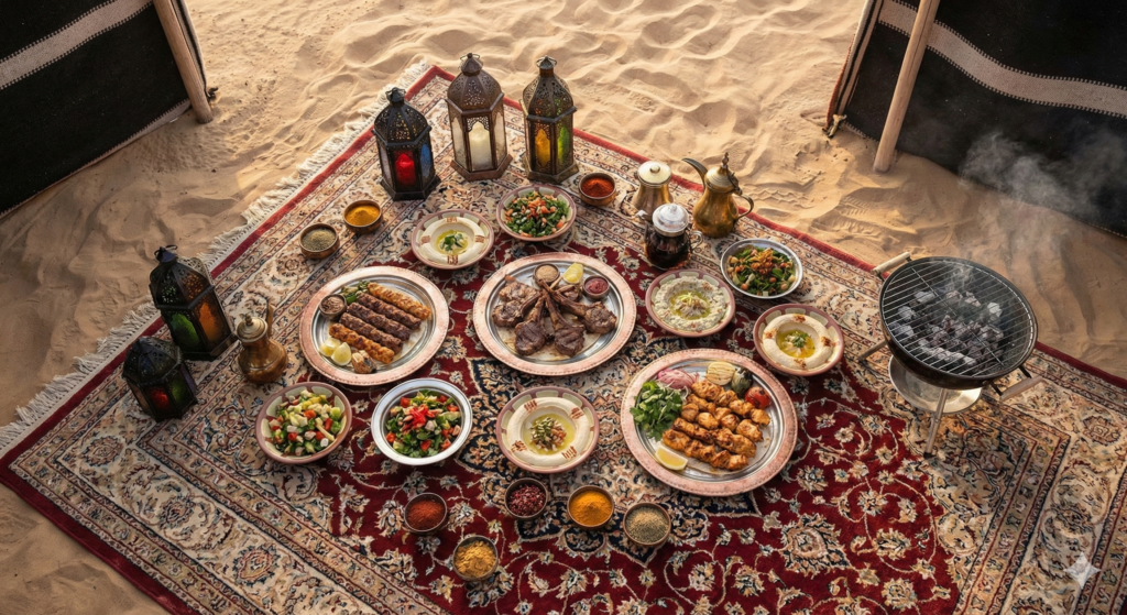 Traditional Arabian BBQ Dubai Desert spread with grilled meats, salads, hummus, lanterns, and a live charcoal grill at a Bedouin-style camp