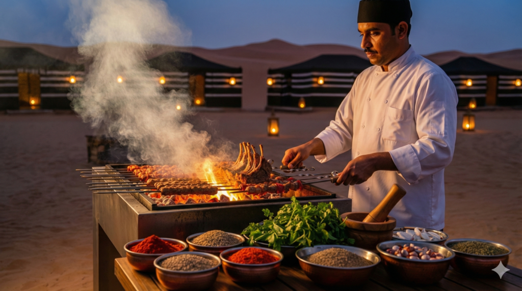 Arabian BBQ Dubai Desert with chef grilling lamb and kebabs at a traditional desert camp dinner