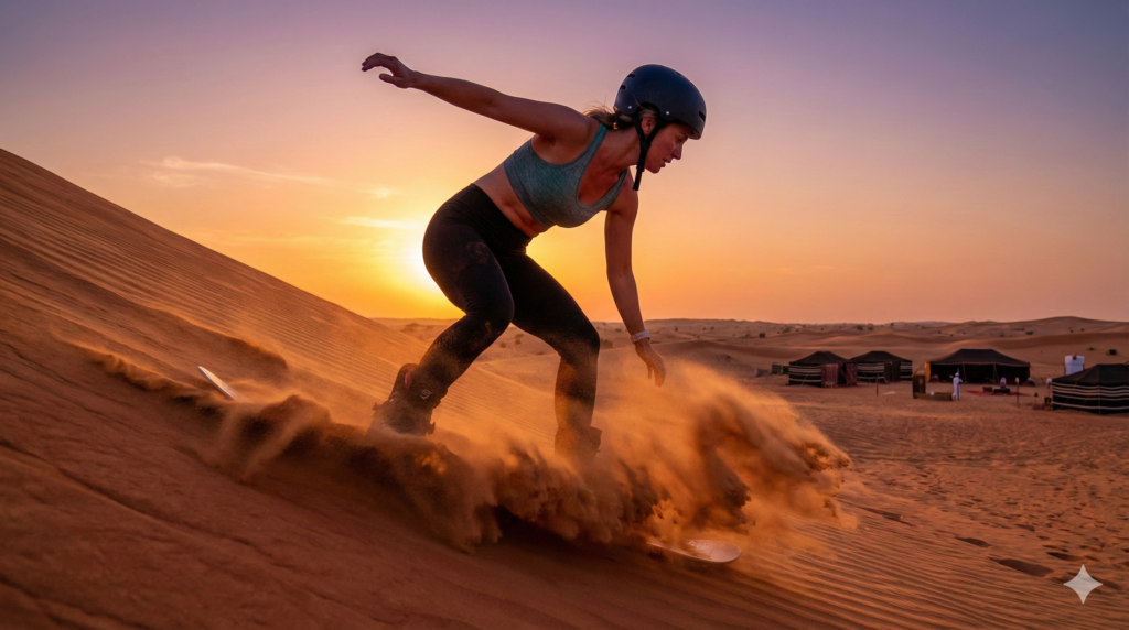 Sand Surfing Dubai Adventure seeker enjoying Sand Surfing Dubai at sunset, carving down golden sand dunes with dramatic sand spray in the Arabian desert
