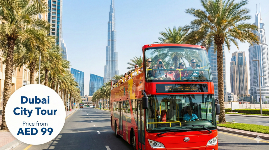 Dubai City Tour Price Tourists enjoying an open-top bus ride near Burj Khalifa on palm-lined streets in Dubai.