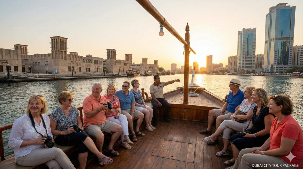 Best Dubai City Tour experience with tourists enjoying a traditional abra boat ride on Dubai Creek at sunset, overlooking Old Dubai wind towers and modern skyline