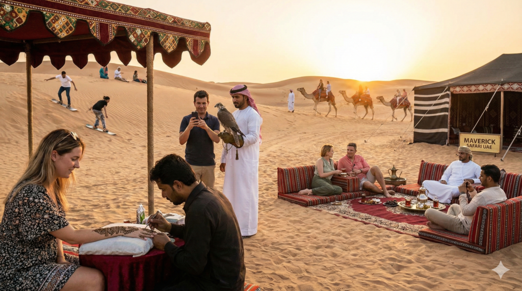 Desert Safari Entertainment Desert Safari Entertainment with henna art, falcon experience and camel ride at Dubai desert camp sunset.