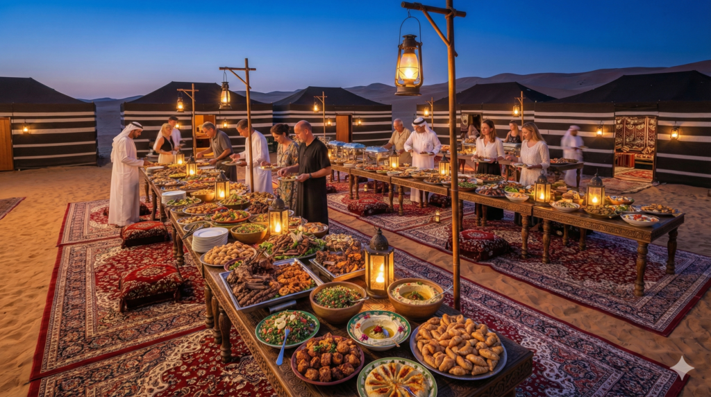 Buffet Dinner Desert Safari with traditional Arabic dishes served at a luxury desert camp in Dubai.