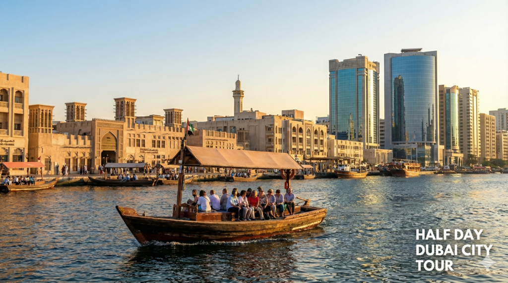 Half Day Dubai City Tour featuring traditional abra boat ride across Dubai Creek with historic Al Fahidi district and modern skyline in the background