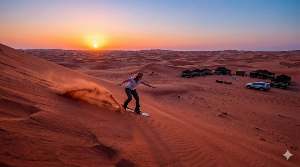 Sand Surfing Dubai Woman enjoying Sand Surfing Dubai at sunset, gliding down red desert dunes with golden sand trails, traditional desert camps, and safari vehicles visible in the background