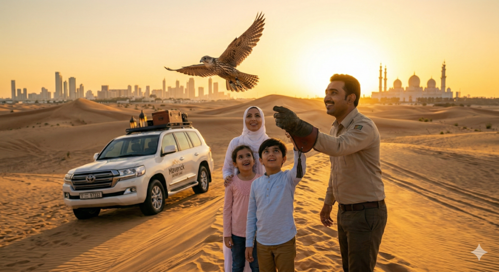 Family enjoying desert safari with falcon during Abu Dhabi Tour From Dubai at sunset with city skyline backdrop.