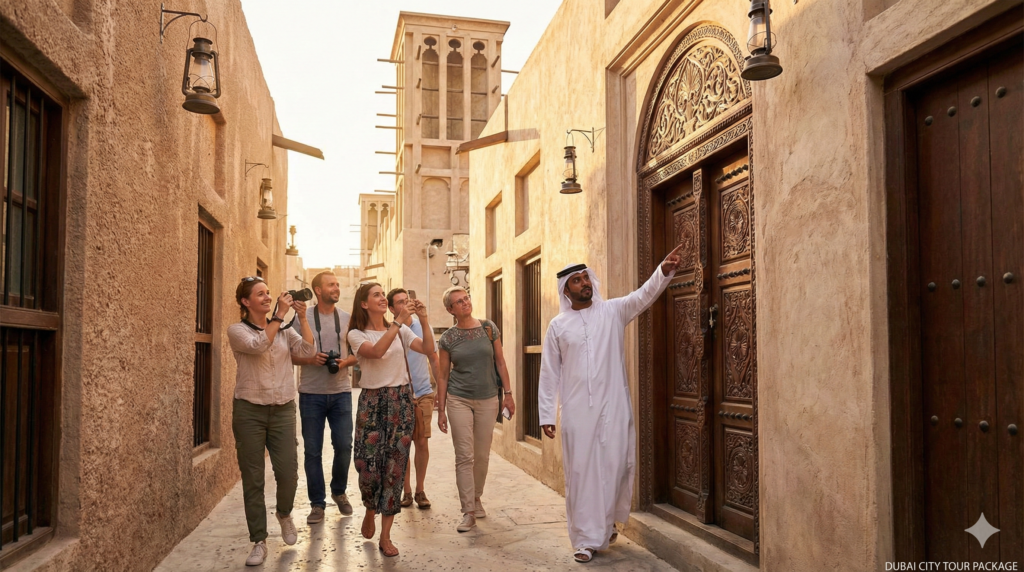 Dubai City Tour Package Tourists exploring Al Fahidi historic district with a local guide during a cultural Dubai city sightseeing experience.