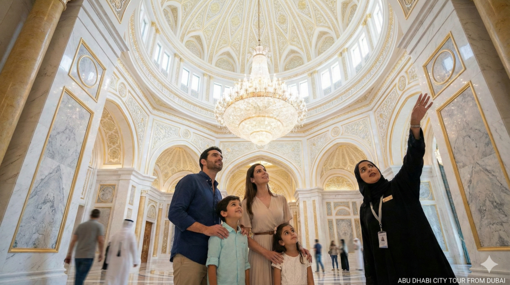 Abu Dhabi Tour From Dubai Abu Dhabi Tour From Dubai featuring family exploring Qasr Al Watan palace interior with grand chandelier and ornate dome ceiling