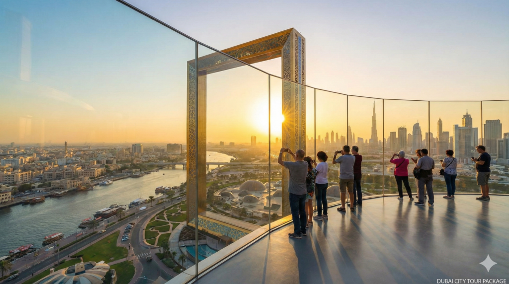Best Dubai City Tour Visitors enjoying panoramic skyline views from Dubai Frame at sunset overlooking Burj Khalifa and Dubai Creek.