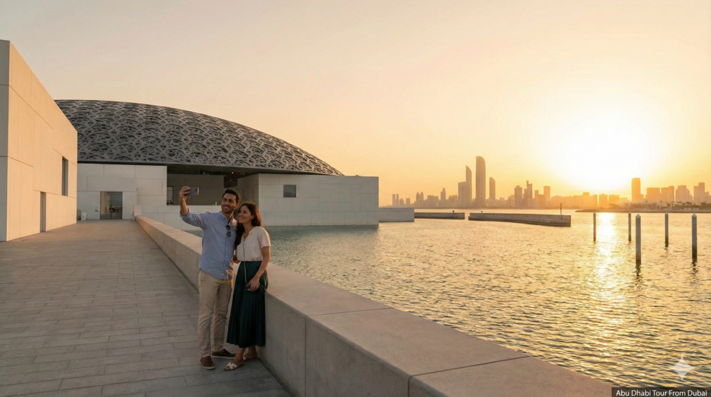 Abu Dhabi Tour From Dubai Abu Dhabi Tour From Dubai with couple visiting Louvre Abu Dhabi at sunset, enjoying waterfront views and iconic dome architecture
