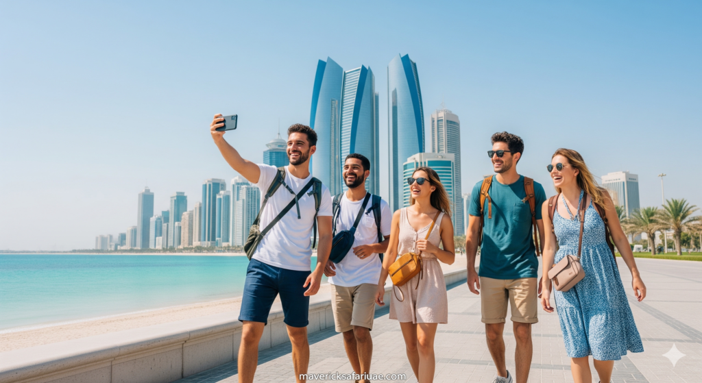 Friends enjoying waterfront walk with Abu Dhabi skyline on Cheap Abu Dhabi Tour experience.