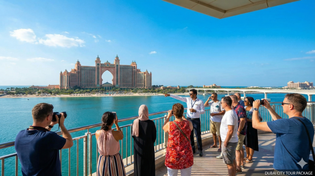 Dubai City Tour Package Dubai City Tour Package Tourists enjoying Palm Jumeirah and Atlantis The Palm views with a guide during a premium Dubai sightseeing experience.