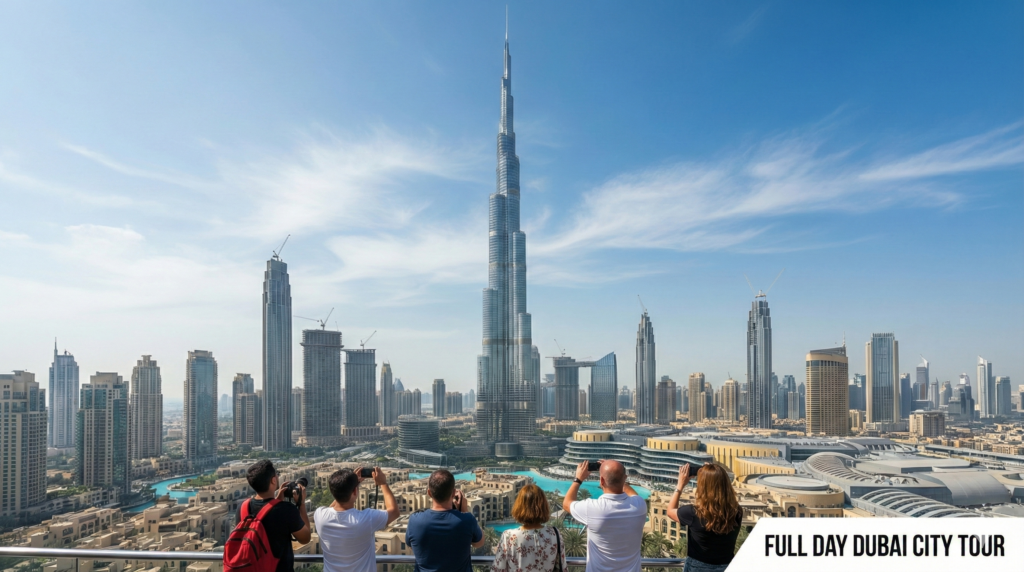 Full Day Dubai City Tour with tourists capturing Burj Khalifa skyline view from Downtown Dubai observation point