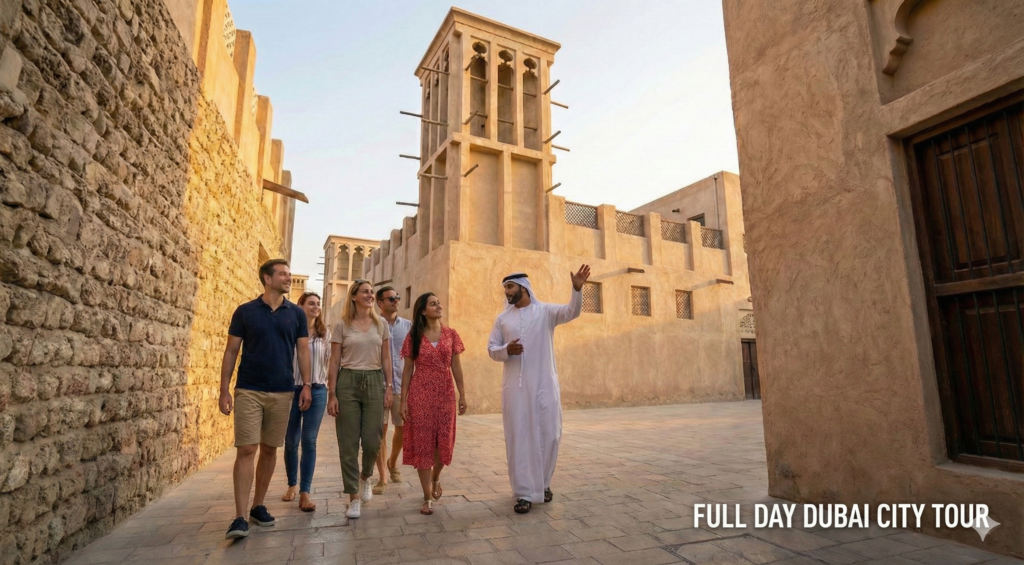 Full Day Dubai City Tour Full Day Dubai City Tour exploring Al Fahidi Historical Neighborhood with tourists walking through traditional wind tower architecture in Old Dubai