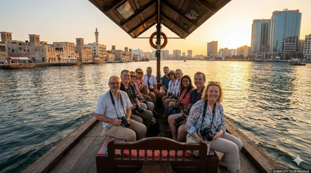Dubai City Tour Package Dubai City Tour Package Tourists enjoying an abra boat ride on Dubai Creek with historic buildings and skyline at sunset.